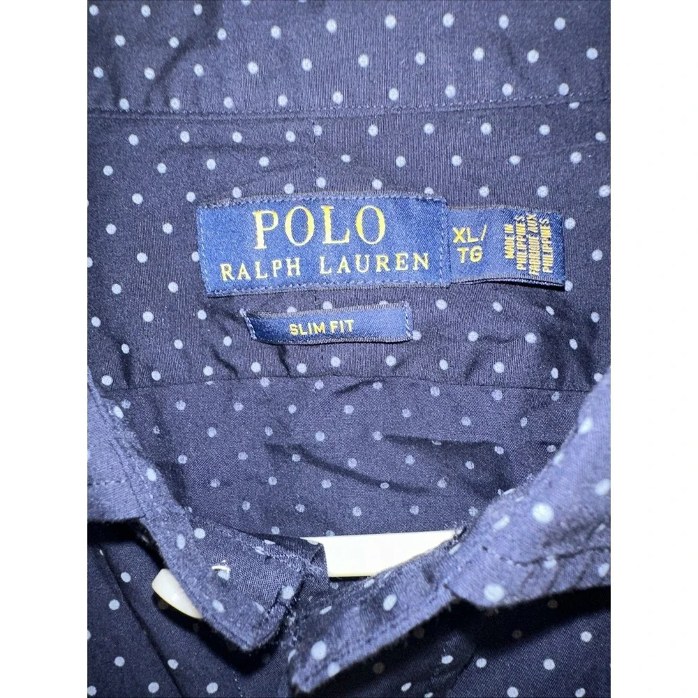 Ralph Lauren Polo Shirt Men XL Blue Button Down Polka Dots Preppy Woven Slim Fit